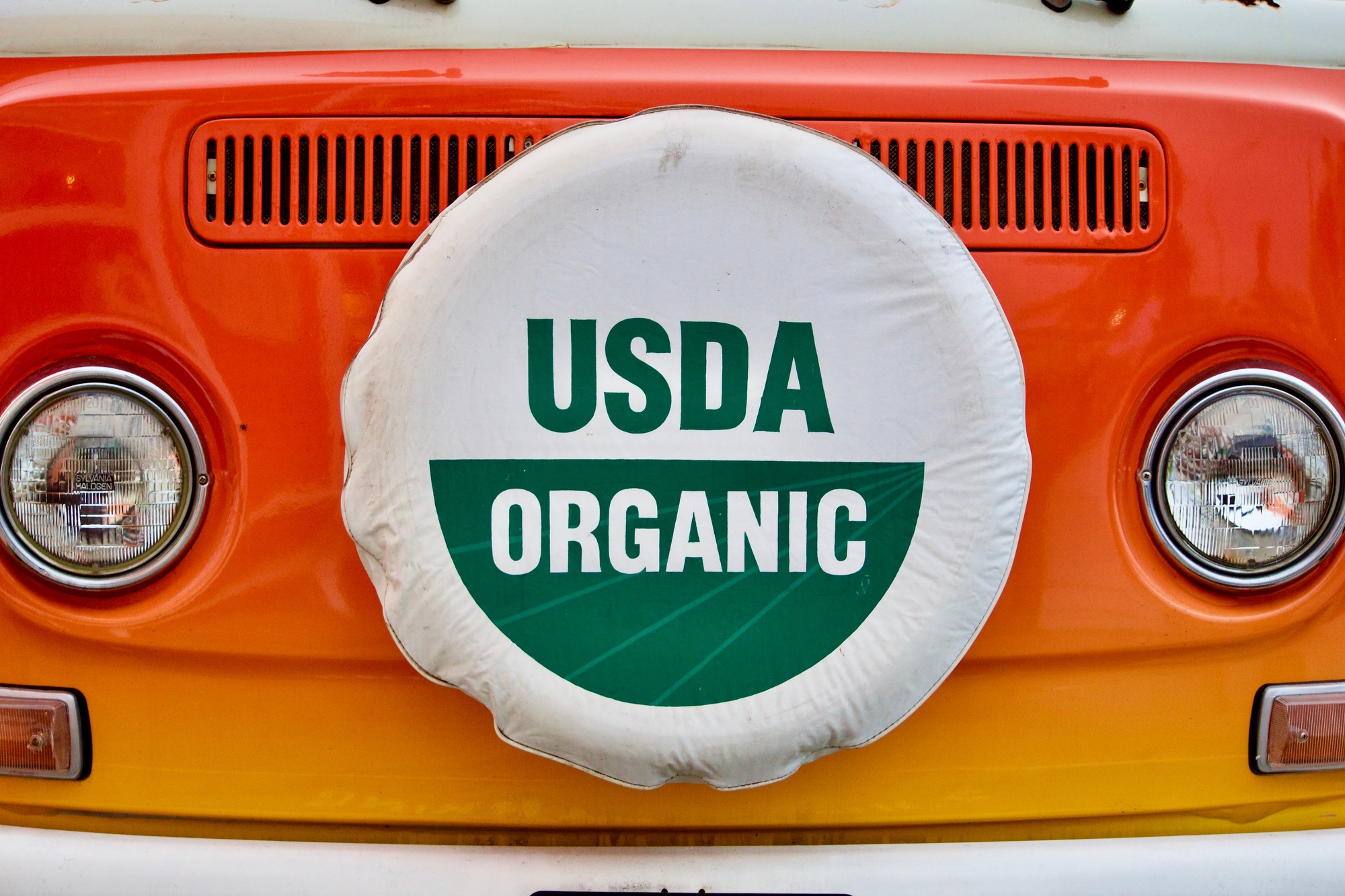 USDA Organic spare tire cover on the front of an orange Volkswagen Bus van in a beach town that has